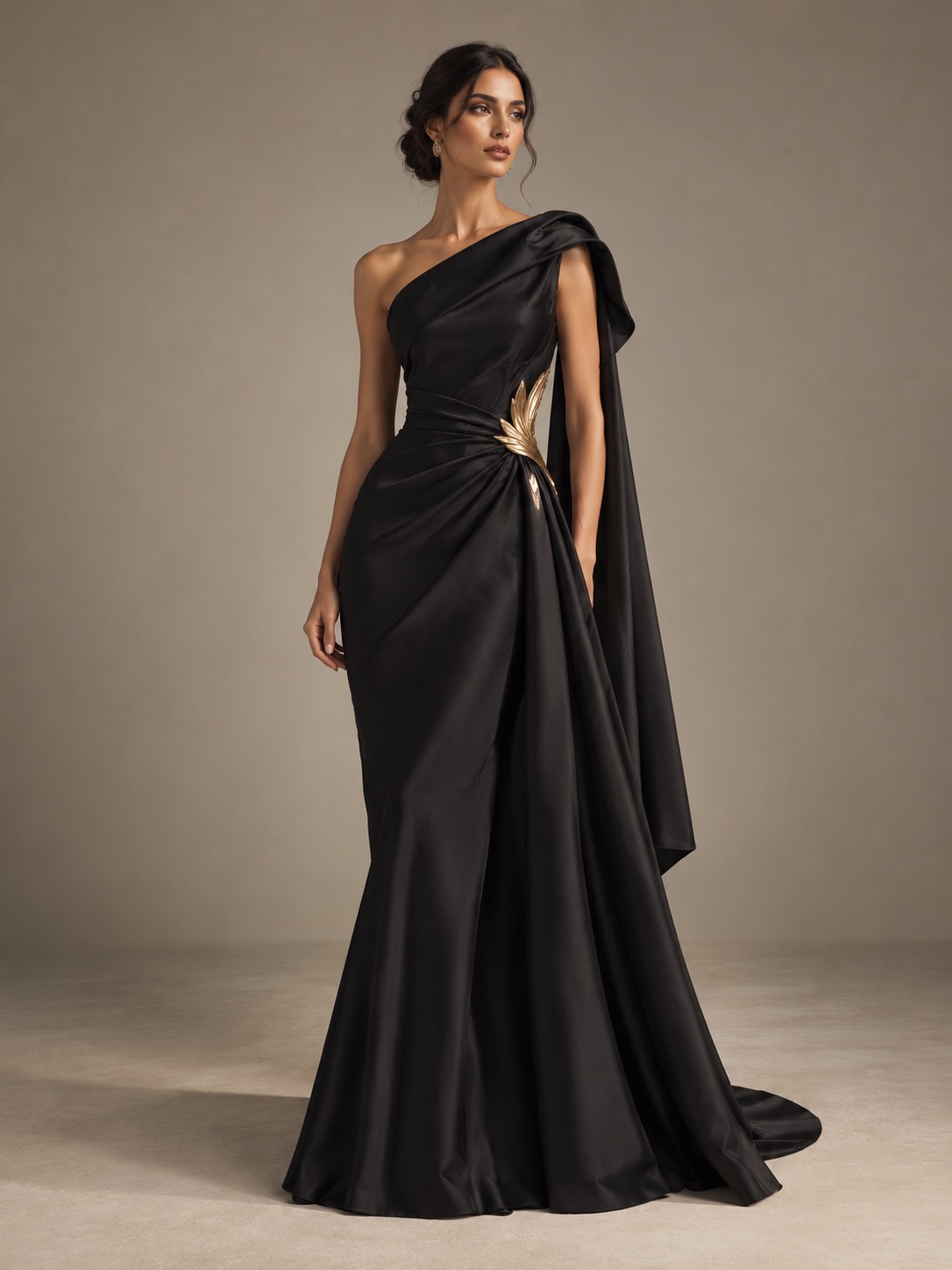 Black evening gown with gold detailing
